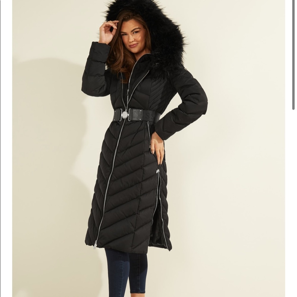 Guess Sofia Belted Longline Coat Jet Black - Picture 3 of 14